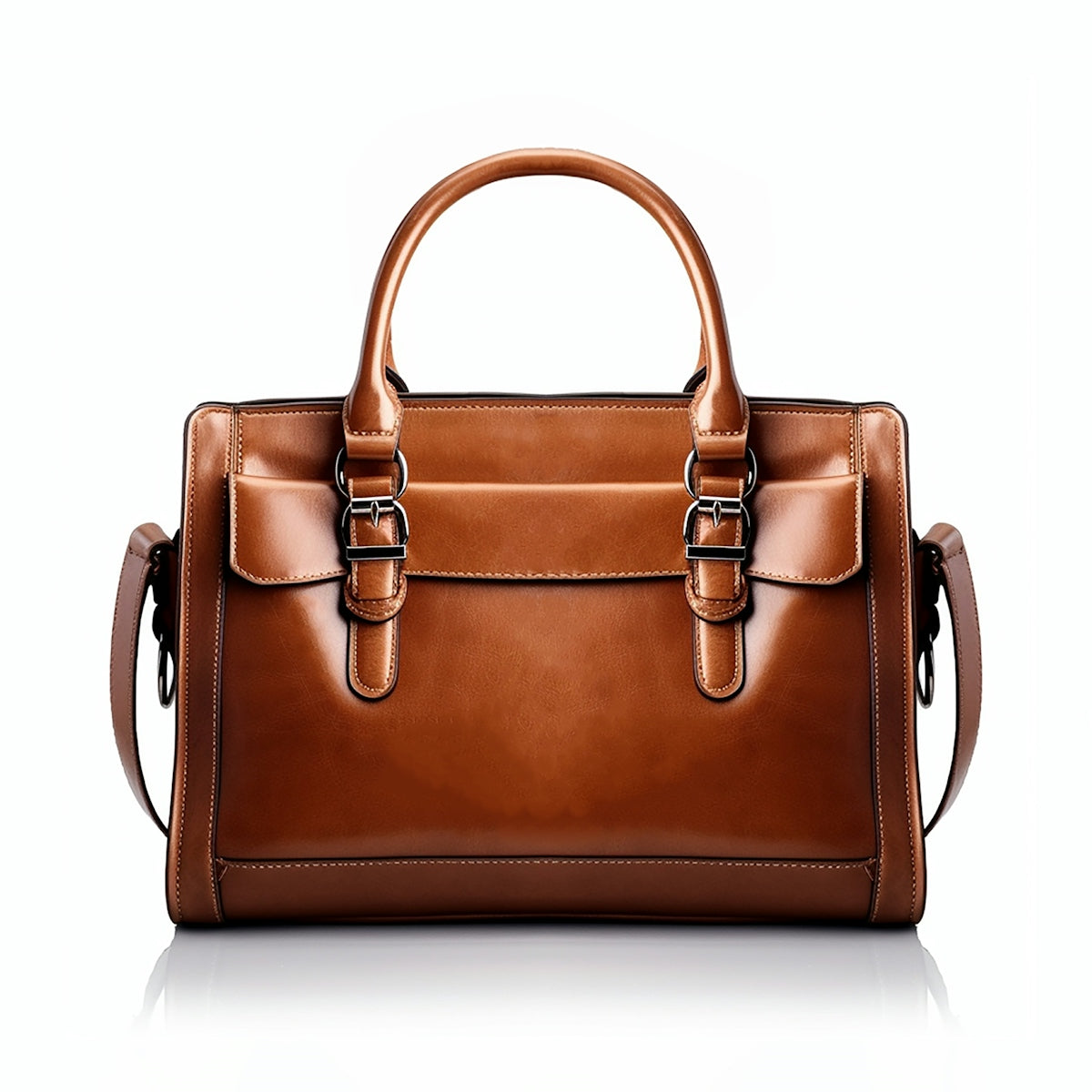 a brown leather handbag on a white background
