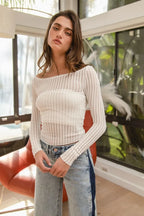 BiBi Textured Sheer Boat Neck Top - Tops by Trendsi | Available at Handbags Specialist Headquarter