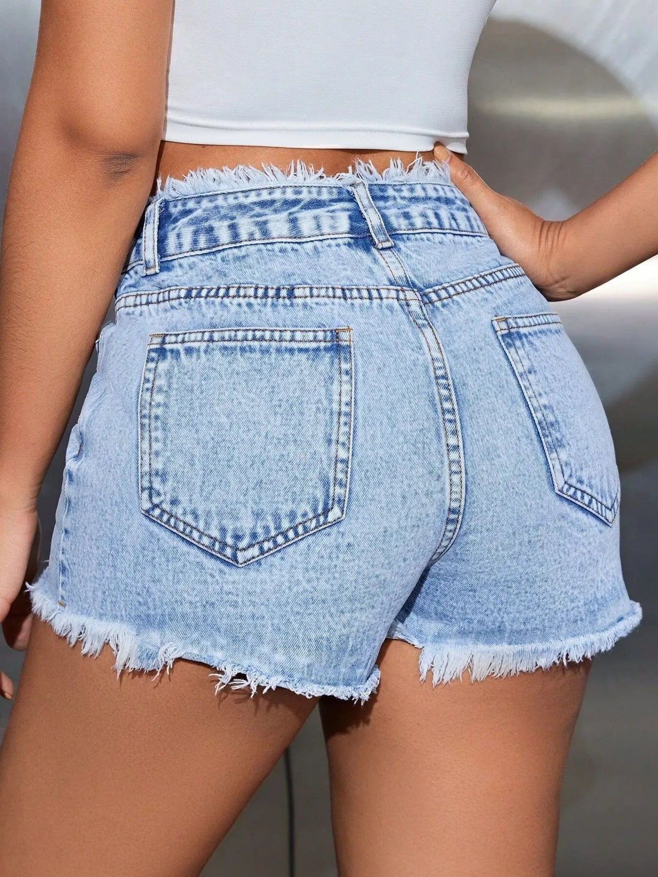 High Waisted Frayed Hem Denim Shorts - Women / Jeans & Denim by Trendsi | Available at Handbags Specialist Headquarter