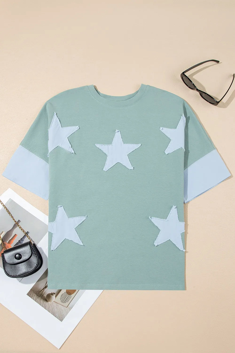 Frayed Denim Star Patched Oversize T Shirt - Women / Jeans & Denim by Trendsi | Available at Handbags Specialist Headquarter