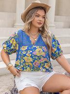 Plus Size Printed Notched Short Sleeve Blouse - Plus Size Shirts by Trendsi | Available at Handbags Specialist Headquarter