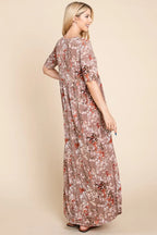 BOMBOM Printed Shirred Maxi Dress - Maxi Dress by Trendsi | Available at Handbags Specialist Headquarter