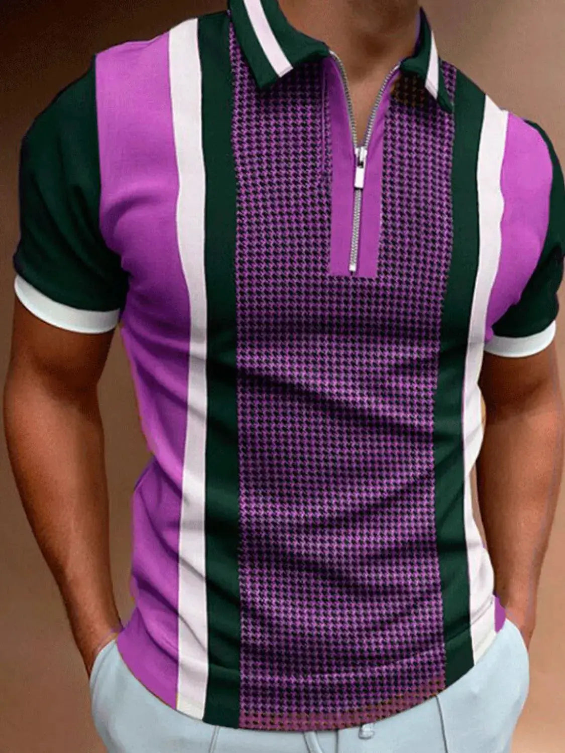 Men's Full Size Quarter Zip Short Sleeve Polo Plus Size - Men's Tops by Trendsi | Available at Handbags Specialist Headquarter