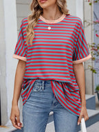 Striped Round Neck Half Sleeve T-Shirt - Women / Tops by Trendsi | Available at Handbags Specialist Headquarter