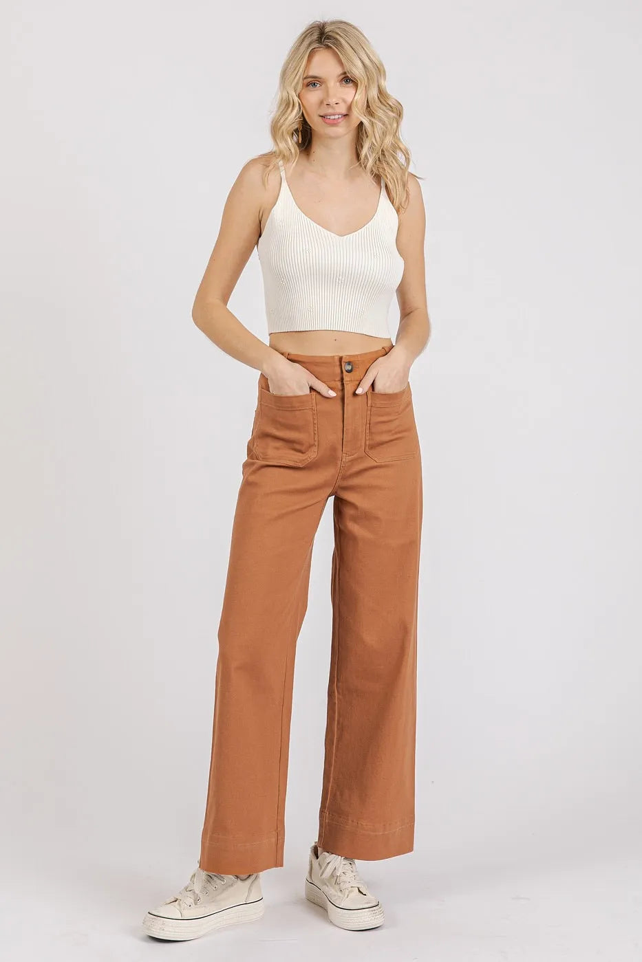 Mittoshop Twill Patch Pocket High Rise Wide Leg Pants - Women Pants by Trendsi | Available at Handbags Specialist Headquarter