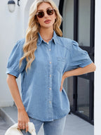 Collared Neck Button Up Denim Shirt - Women / Jeans & Denim by Trendsi | Available at Handbags Specialist Headquarter