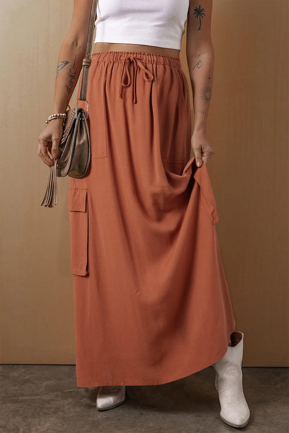 Drawstring Maxi Skirt with Pockets - Skirts by Trendsi | Available at Handbags Specialist Headquarter