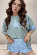 Frayed Denim Star Patched Oversize T Shirt - Women / Jeans & Denim by Trendsi | Available at Handbags Specialist Headquarter
