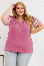 Plus Size Striped V-Neck Tee Shirt - Plus Size Shirts by Trendsi | Available at Handbags Specialist Headquarter