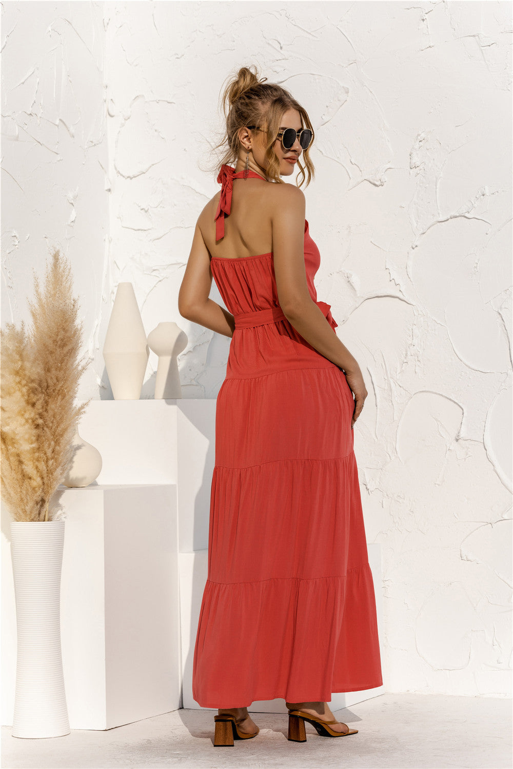 Halter Neck Tie Waist Tiered Maxi Dress - Maxi Dress by Trendsi | Available at Handbags Specialist Headquarter