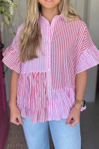 Button Down Striped Ruffled Hem Shirt - Women's Down Shirt Tops by Trendsi | Available at Handbags Specialist Headquarter