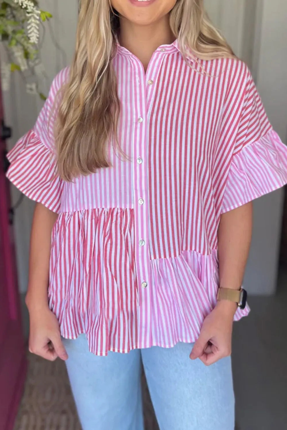 Button Down Striped Ruffled Hem Shirt - Women's Down Shirt Tops by Trendsi | Available at Handbags Specialist Headquarter