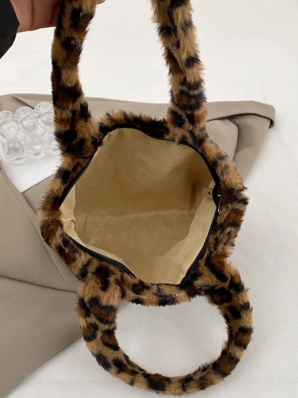 Leopard Fluff Handbag with Zip - handbags by Trendsi | Available at Handbags Specialist Headquarter