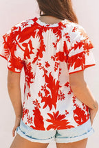 Plant Print Tiered Ruffled Sleeve Tie Neck Blouse - Tops by Trendsi | Available at Handbags Specialist Headquarter