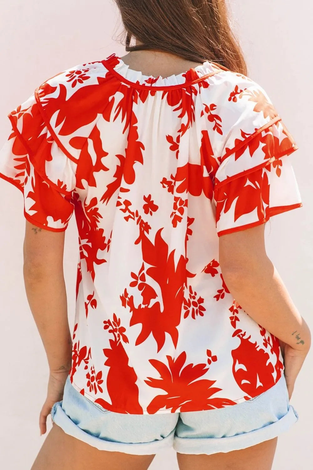 Plant Print Tiered Ruffled Sleeve Tie Neck Blouse - Tops by Trendsi | Available at Handbags Specialist Headquarter