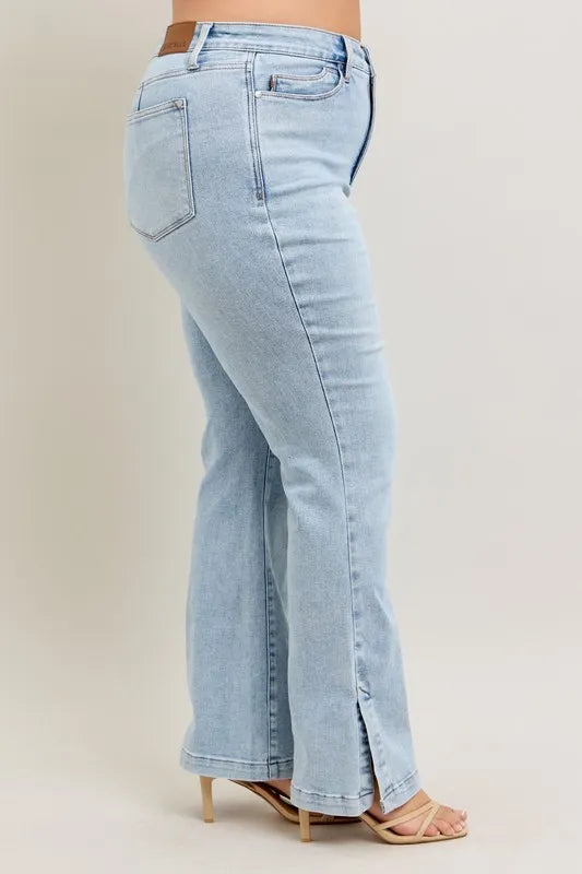 Judy Blue Full Size Tummy Control Vintage Wash Side Slit Slim Boot Jeans Plus Size - Women / Jeans & Denim by Trendsi | Available at Handbags Specialist Headquarter