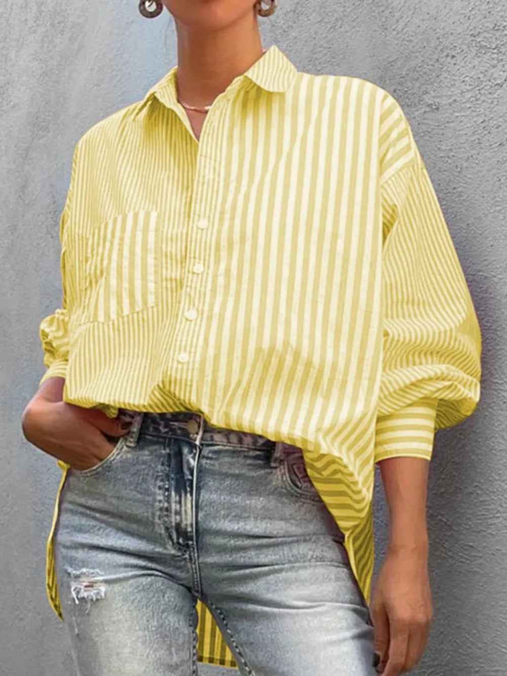 Striped Button Down Long Sleeve Shirt - Women's Down Shirt Tops by Trendsi | Available at Handbags Specialist Headquarter