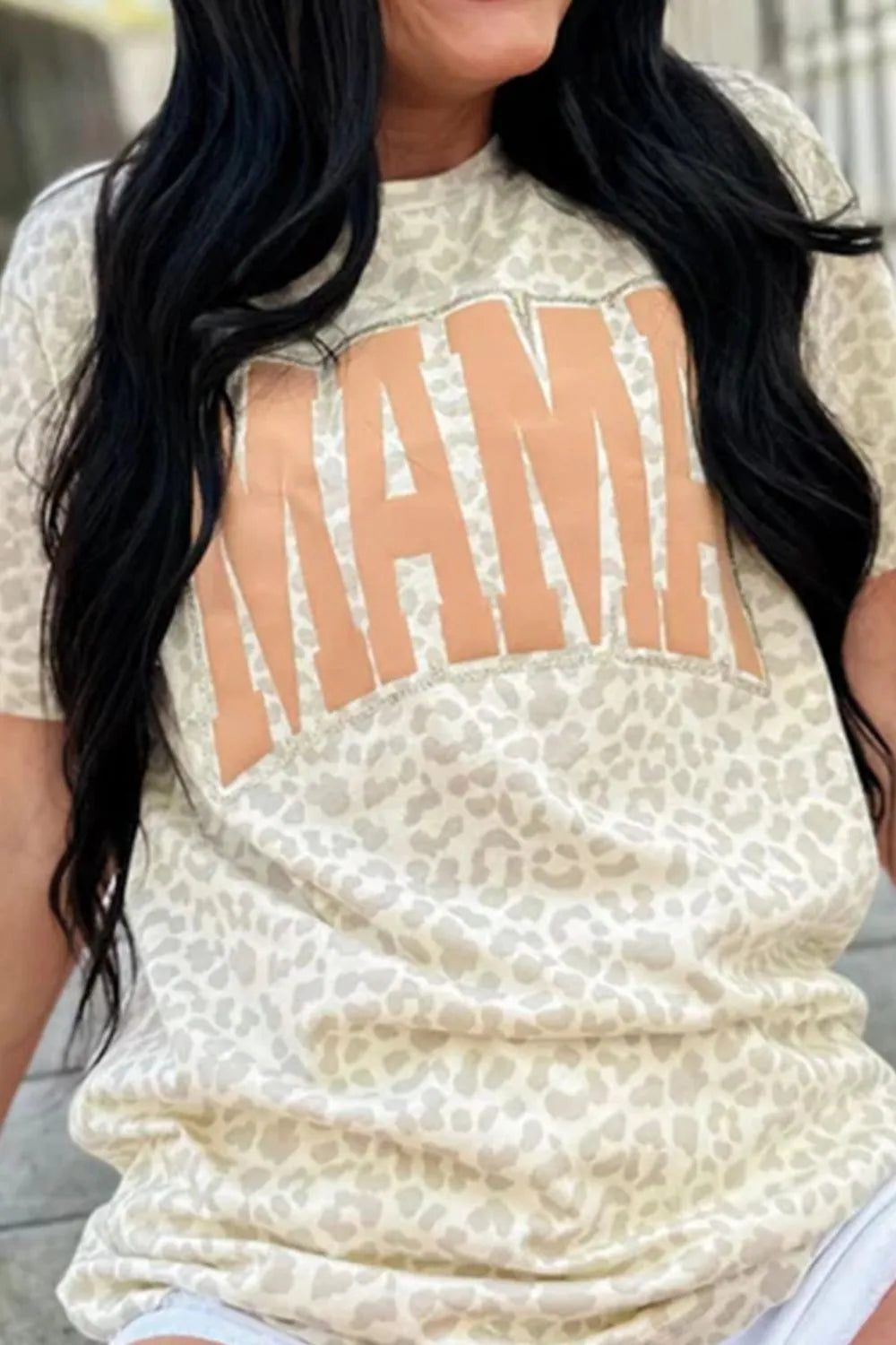 MAMA Letter Graphic Leopard Round Neck T-Shirt - Tops by Trendsi | Available at Handbags Specialist Headquarter