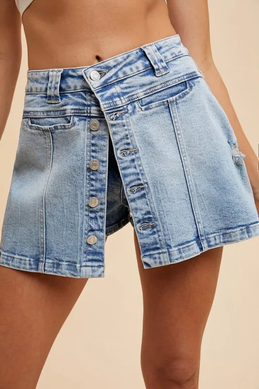 Annie Wear Button Detail Stretch Denim Wrap Mini Skort - Skirts by Trendsi | Available at Handbags Specialist Headquarter