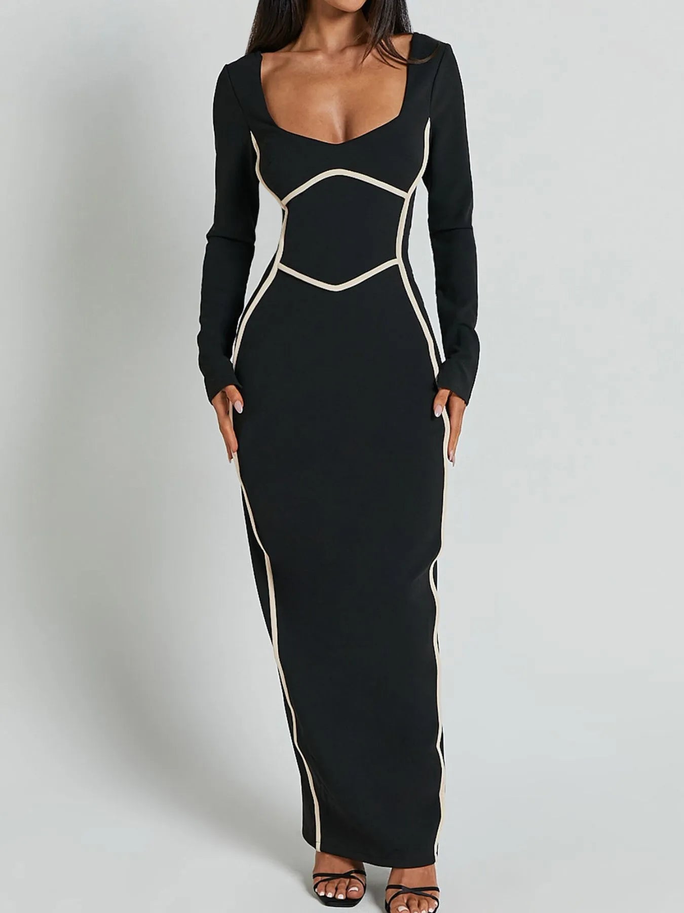Contrast Trim Long Sleeve Bodycon Maxi Dress - Maxi Dress by Trendsi | Available at Handbags Specialist Headquarter