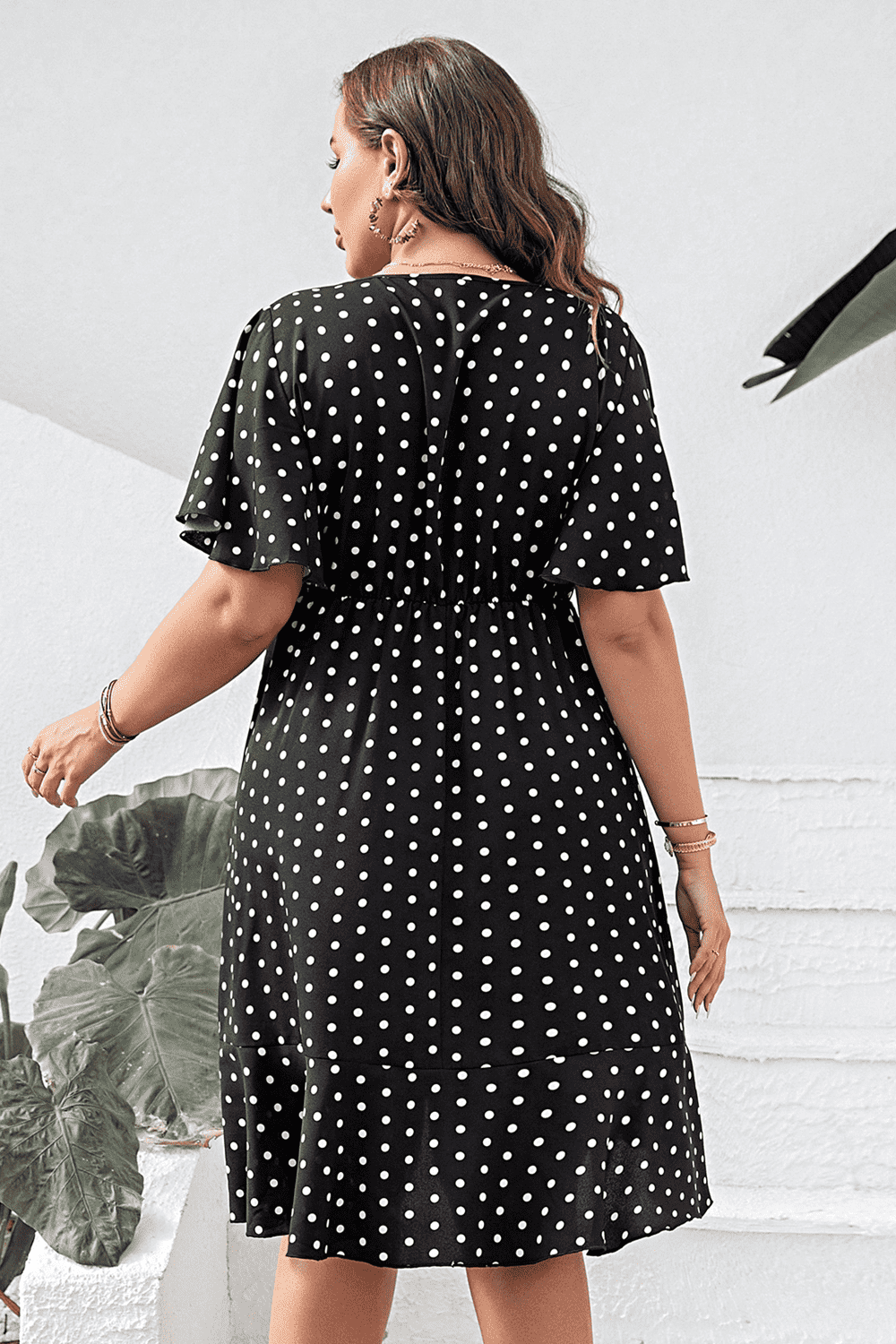Plus Size Polka Dot Flutter Sleeve Dress - Dresses by Trendsi | Available at Handbags Specialist Headquarter