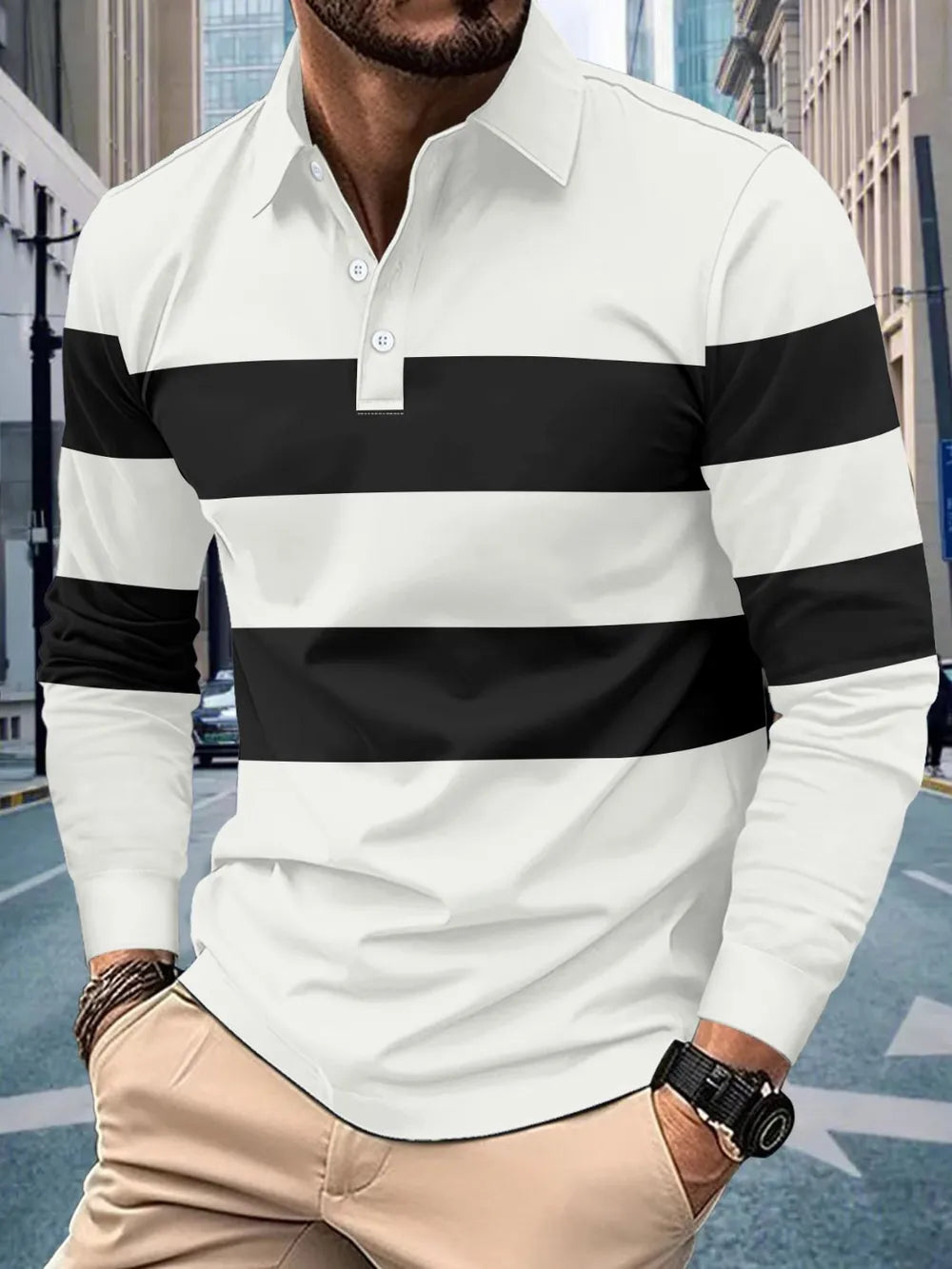 Men's Full Size Collared Contrast Striped Polo Plus Size - Men's Polo shirt by Trendsi | Available at Handbags Specialist Headquarter