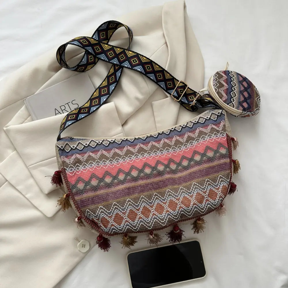 Printed Tassel Detail Crossbody Bag with Small Purse - Handbags by Trendsi | Available at Handbags Specialist Headquarter