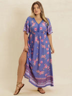 Plus Size Printed V-Neck Flutter Sleeve Dress - Dresses by Trendsi | Available at Handbags Specialist Headquarter