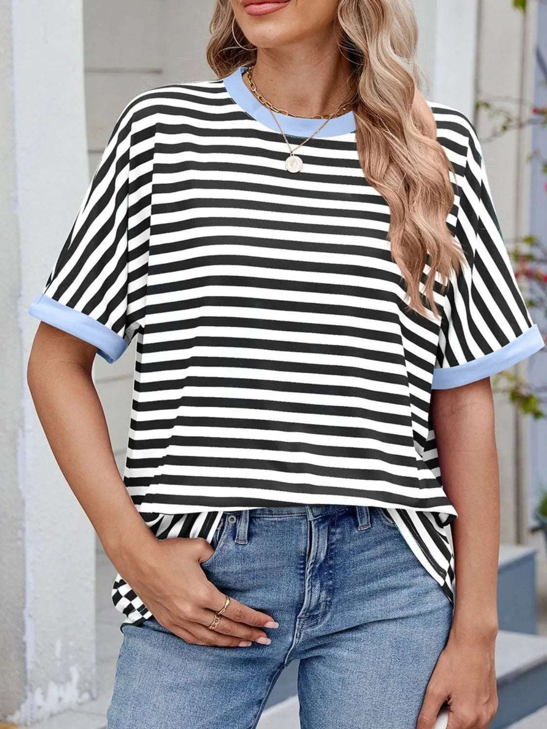 Striped Round Neck Half Sleeve T-Shirt - Women / Tops by Trendsi | Available at Handbags Specialist Headquarter