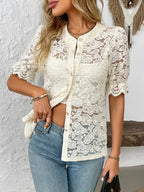 Button Down Half Sleeve Lace Shirt - Women's Down Shirt Tops by Trendsi | Available at Handbags Specialist Headquarter