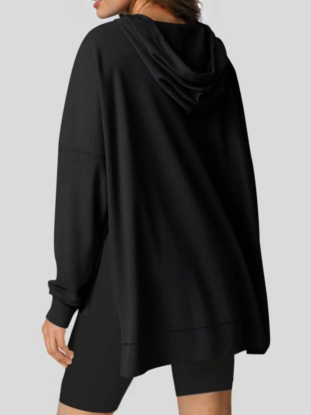 Slit Drawstring Waffle Knit Hoodie - Tops by Trendsi | Available at Handbags Specialist Headquarter