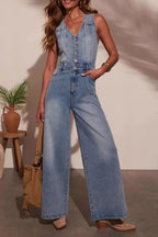 V-neck Wide Leg Denim Jumpsuit - Women / Jeans & Denim by Trendsi | Available at Handbags Specialist Headquarter