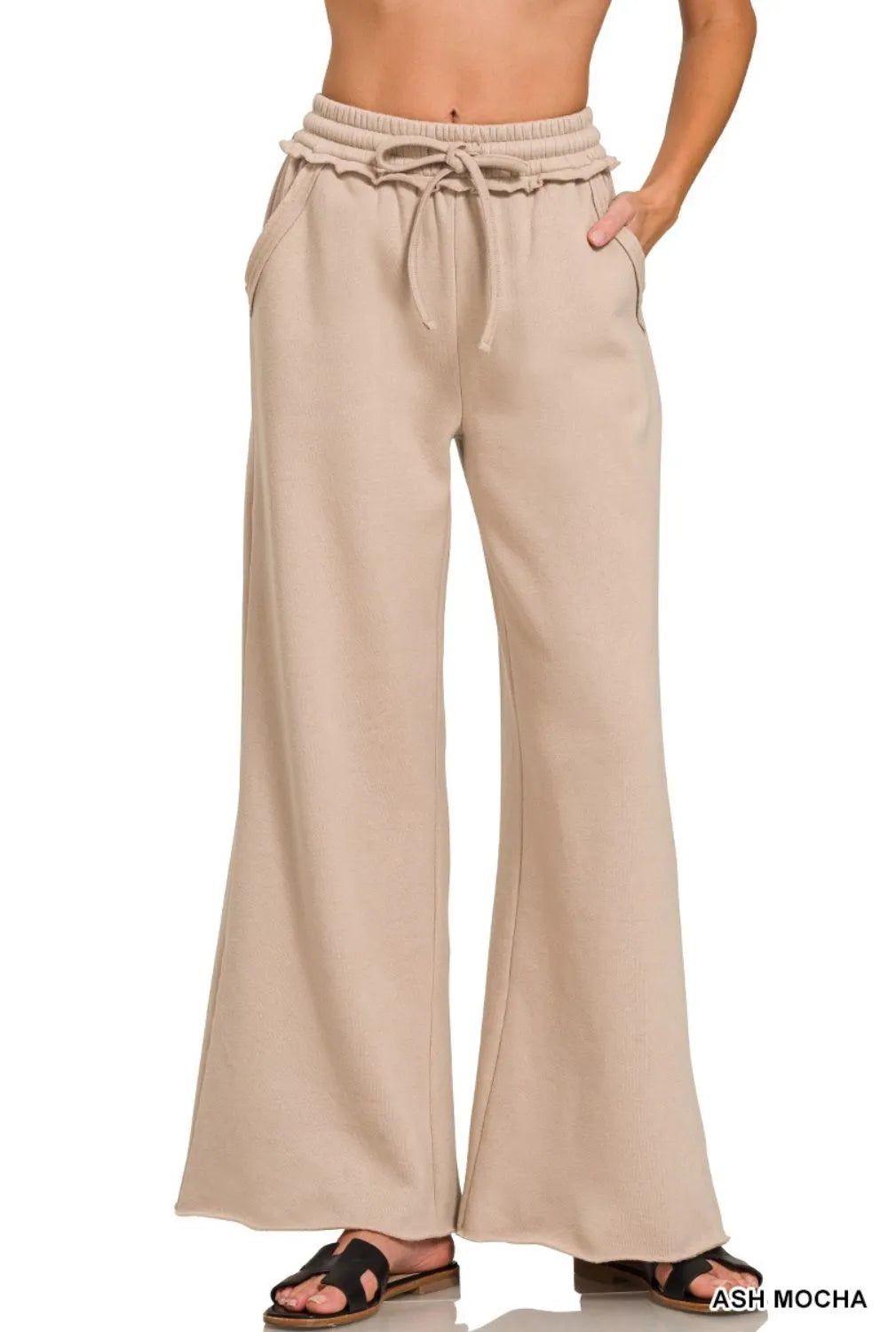 Zenana Fleece Exposed Seam Wide Leg Sweatpants - Women Pants by Trendsi | Available at Handbags Specialist Headquarter
