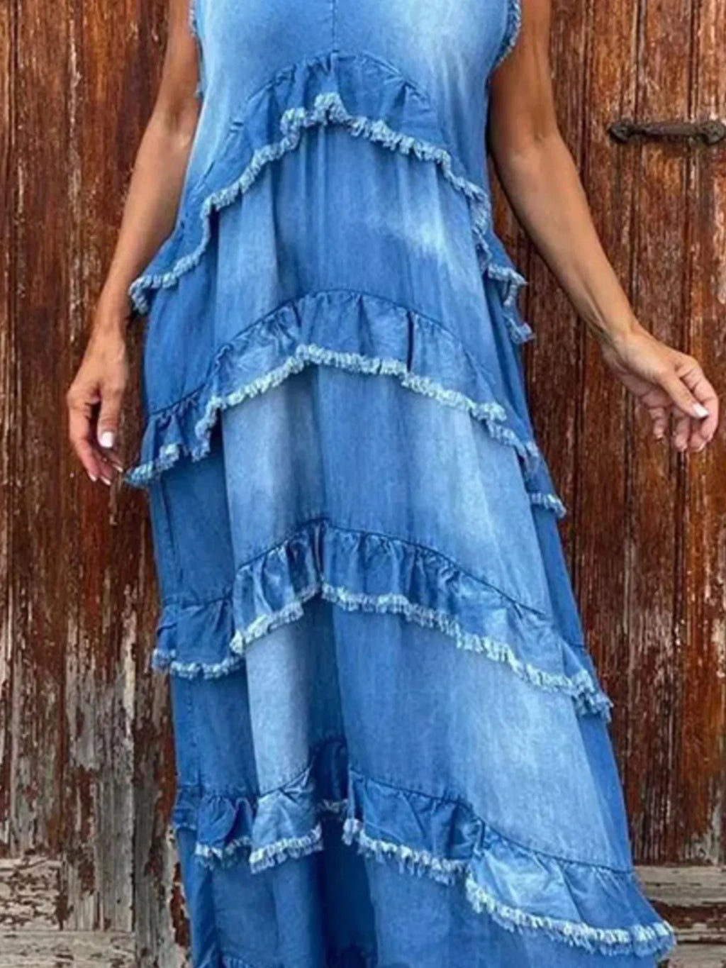 Raw Hem Layered Denim Maxi Dress - Women / Jeans & Denim by Trendsi | Available at Handbags Specialist Headquarter
