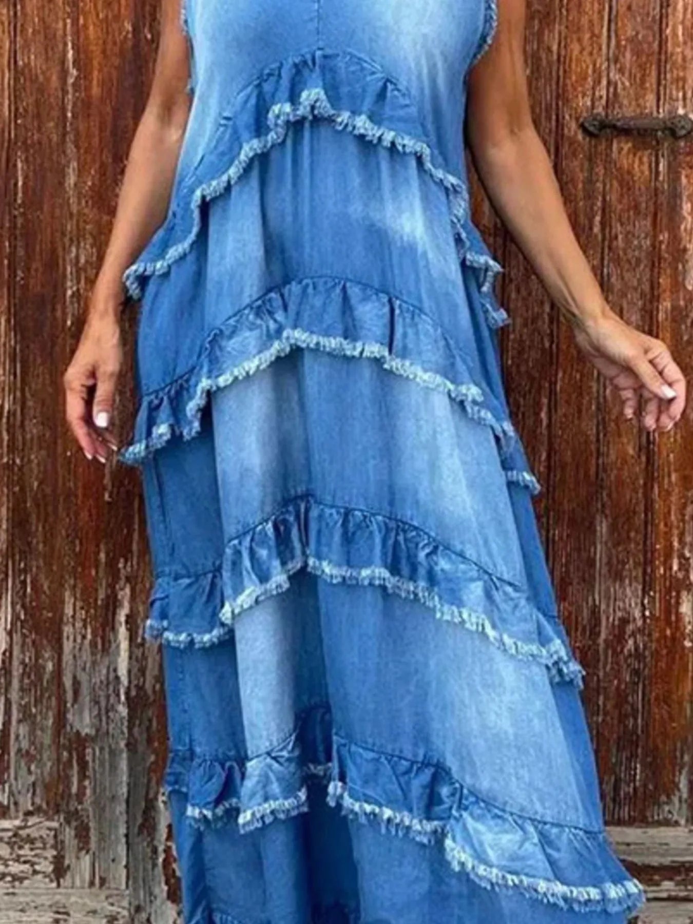 Raw Hem Layered Denim Maxi Dress - Women / Jeans & Denim by Trendsi | Available at Handbags Specialist Headquarter