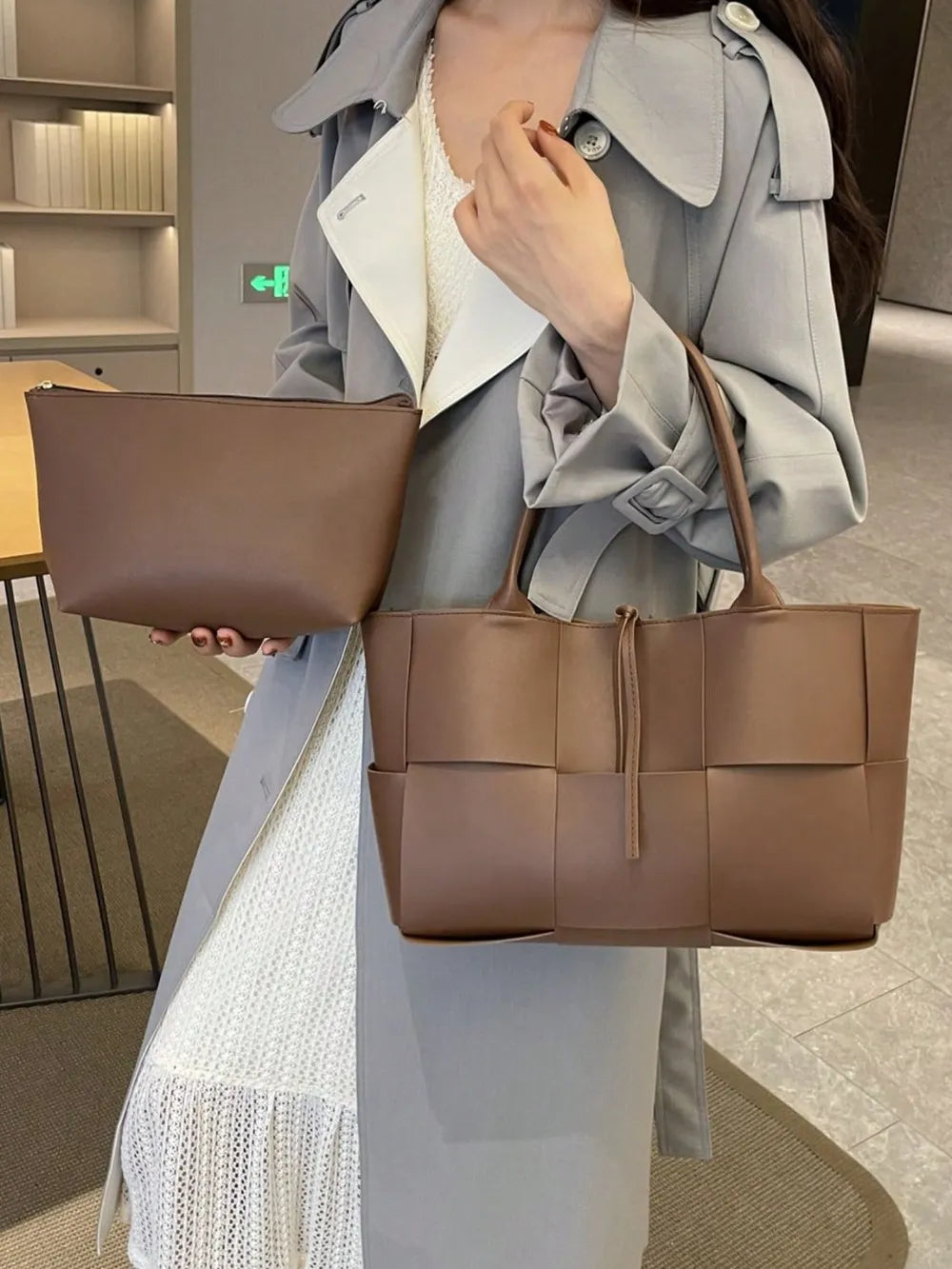 PU Leather Woven Handbag and Clutch Set - handbags by Trendsi | Available at Handbags Specialist Headquarter