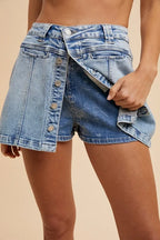 Annie Wear Button Detail Stretch Denim Wrap Mini Skort - Skirts by Trendsi | Available at Handbags Specialist Headquarter