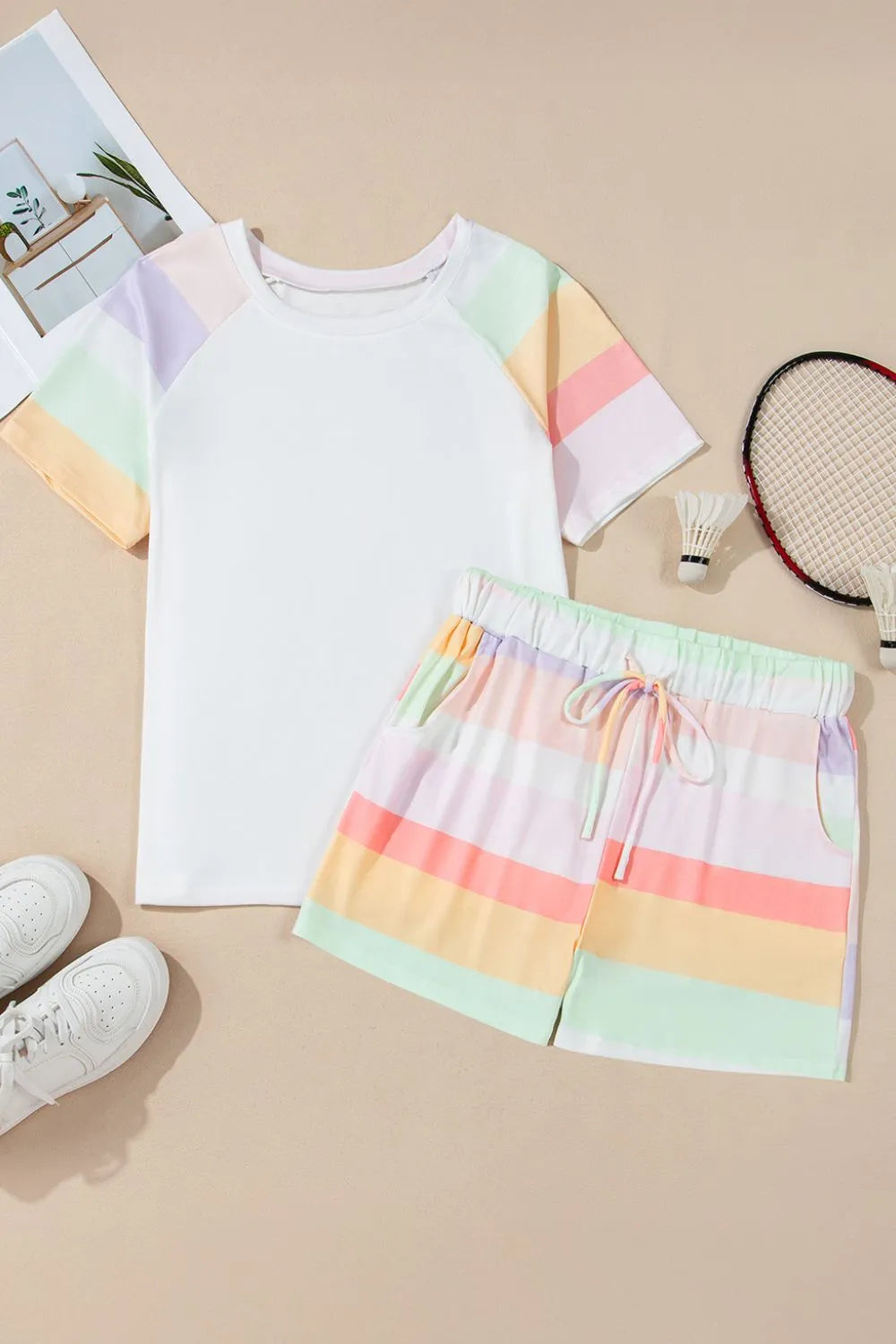 Rainbow Striped Round Neck T Shirt and Shorts Lounge Set - Sleepwear by Trendsi | Available at Handbags Specialist Headquarter