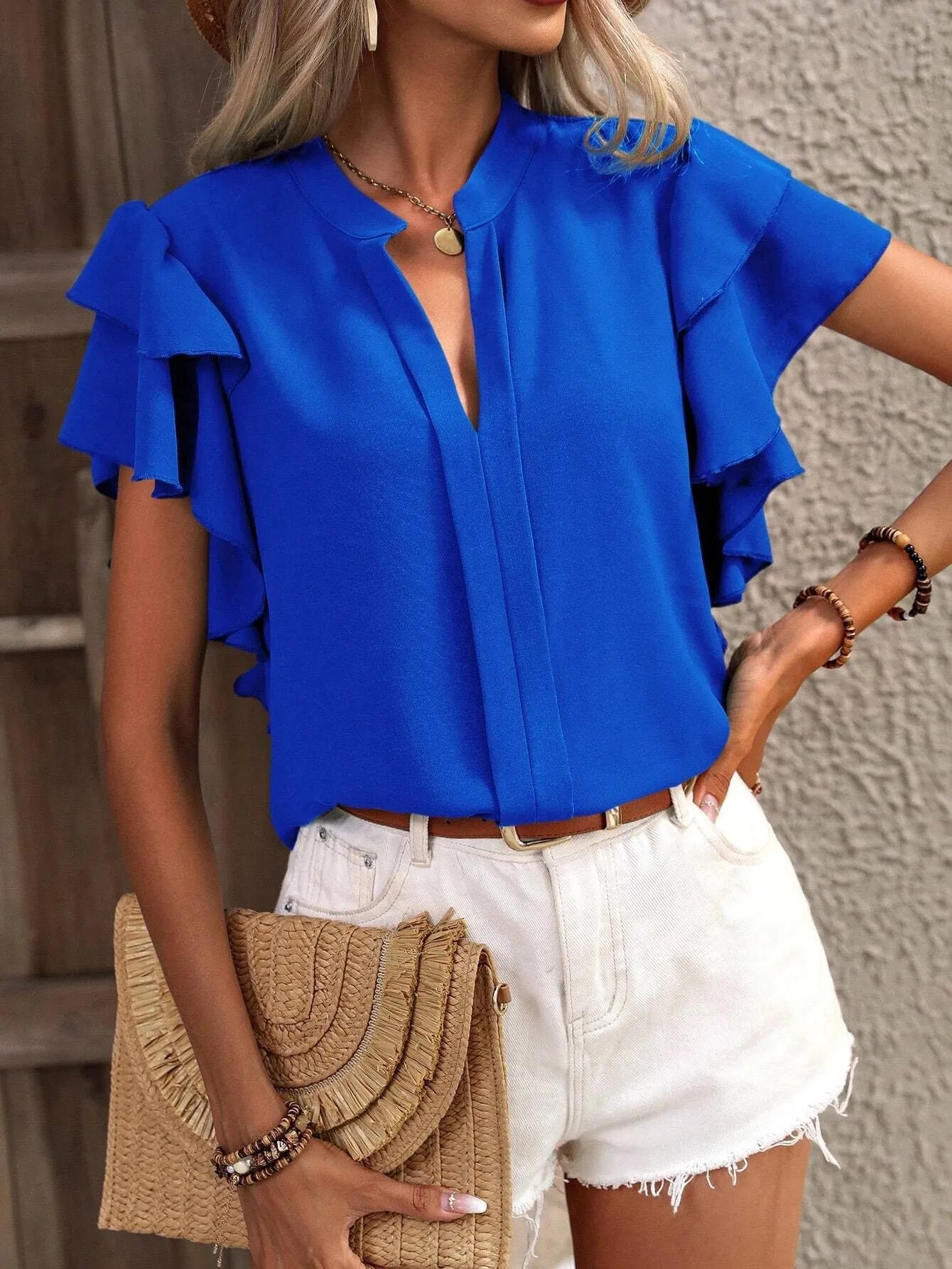 Ruffle Sleeve Notched Blouse - Tops by Trendsi | Available at Handbags Specialist Headquarter