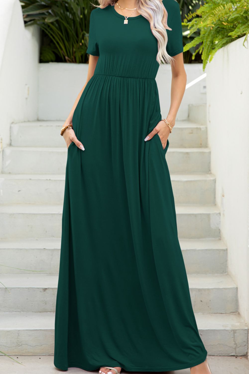 Round Neck Maxi Tee Dress with Pockets - Maxi Dress by Trendsi | Available at Handbags Specialist Headquarter