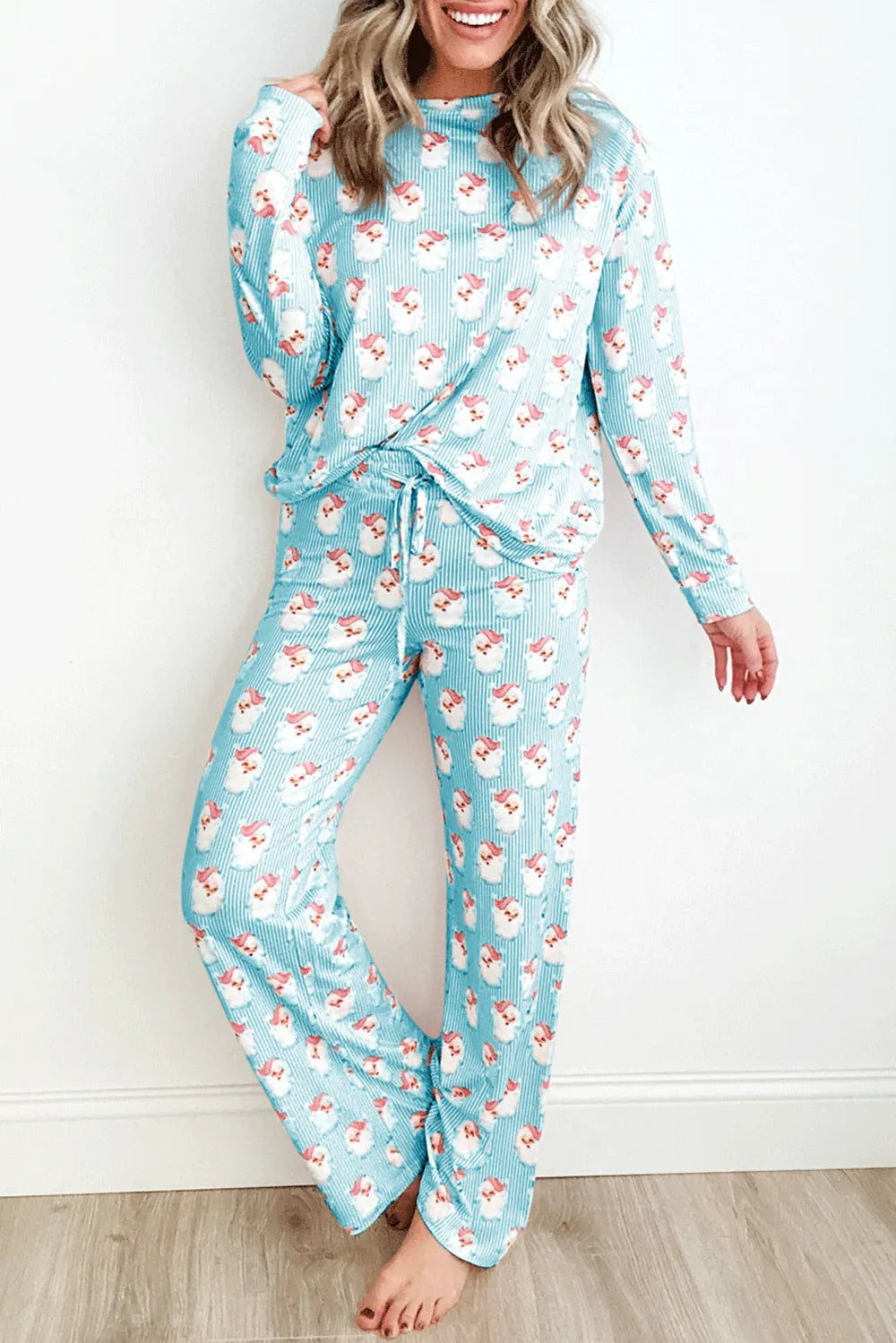 Santa Print Long Sleeve Top and Pants Lounge Set - Sleepwear by Trendsi | Available at Handbags Specialist Headquarter