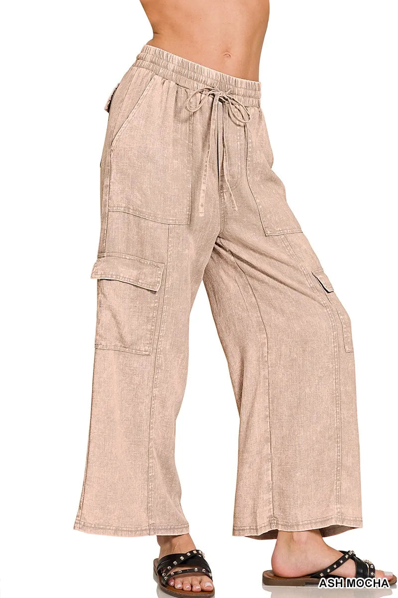 Zenana Washed Linen Elastic Band Waist Cargo Pants - Women Pants by Trendsi | Available at Handbags Specialist Headquarter