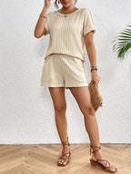 Texture Round Neck Top and Shorts Lounge Set - Sleepwear by Trendsi | Available at Handbags Specialist Headquarter
