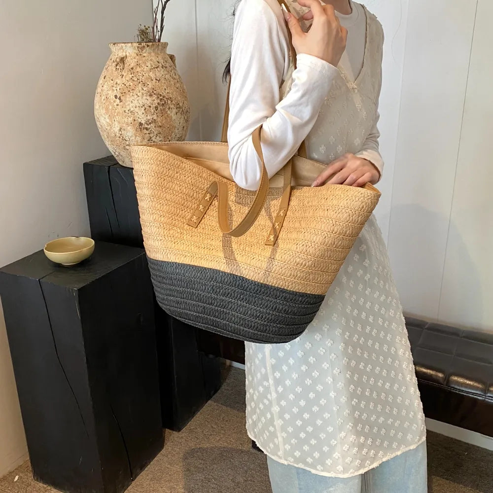 Contrast Straw Braided Handbag - Tote Bag by Trendsi | Available at Handbags Specialist Headquarter