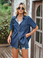 Pocketed Button Up Short Sleeve Denim Shirt - Women / Jeans & Denim by Trendsi | Available at Handbags Specialist Headquarter
