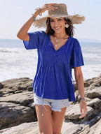 Lace Detail Tie Neck Short Sleeve Top - Tops by Trendsi | Available at Handbags Specialist Headquarter