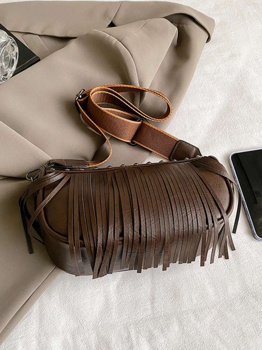 PU Leather Fringe Studded Crossbody Bag - Crossbody Bag by Trendsi | Available at Handbags Specialist Headquarter