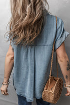 Folded Short Sleeve Patched Pocket Denim Shirt - Women / Jeans & Denim by Trendsi | Available at Handbags Specialist Headquarter