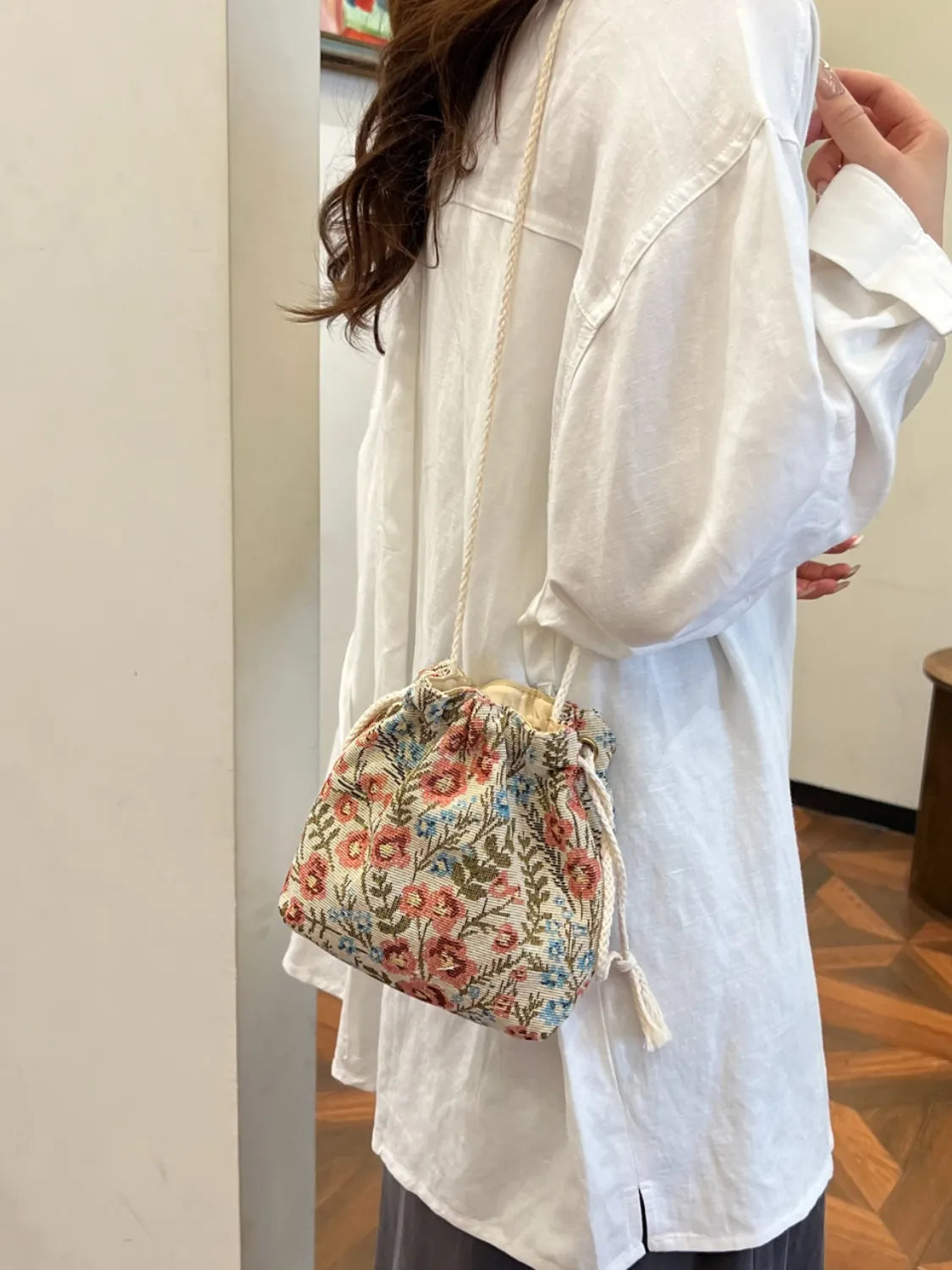 Rope Drawstring Floral Bucket Bag - Shoulder Bags by Trendsi | Available at Handbags Specialist Headquarter