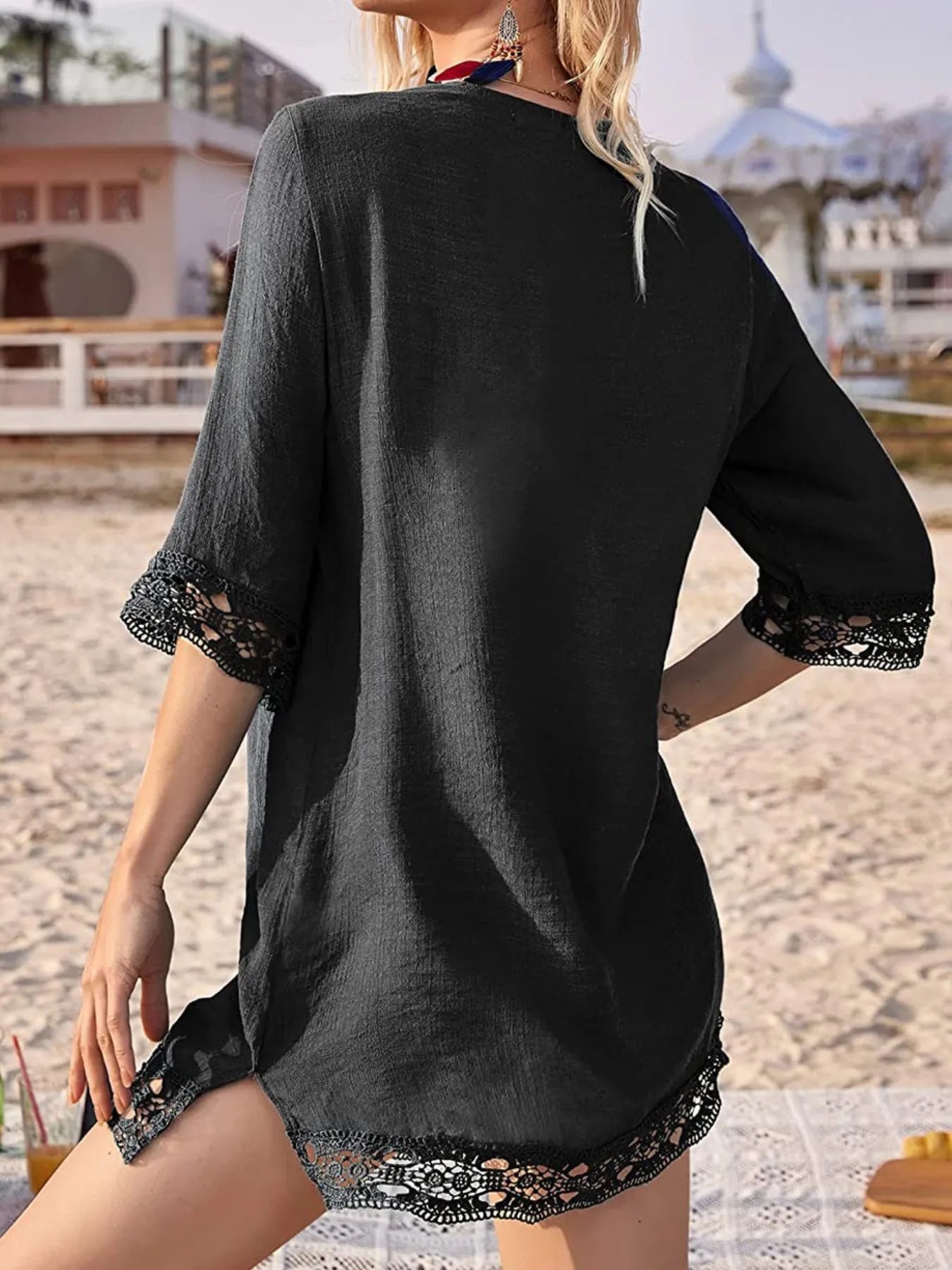 Lace Trim V-Neck Cover-Up - Tops by Trendsi | Available at Handbags Specialist Headquarter